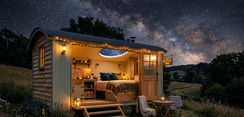 Interior view of The Peacock shepherd's hut at sunset with stove glow